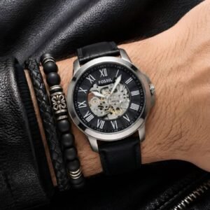 FOSSIL GRANT AUTOMATIC BLACK LEATHER BELT SILVER BEZEL