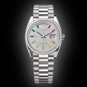ROLEX DAY DATE SILVER PAVE DIAL DIAMOND BEZEL AUTOMATIC MASTER QUALITY